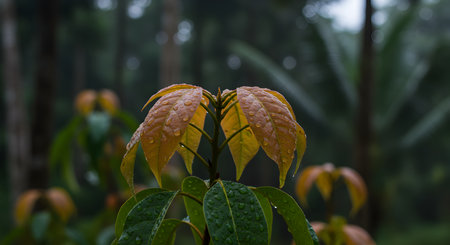 Close up of green and yellow leaves with raindrops on them.の素材