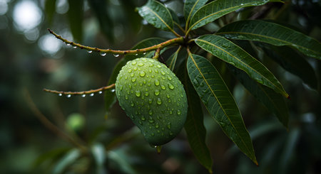 Mango fruit on the tree with water drops. Tropical fruit.の素材