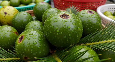 Close-up of green olives with water droplets on themの素材