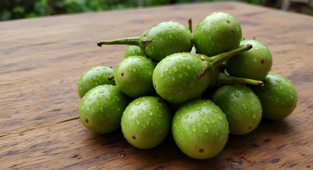 Green eggplants on wooden table with water drops, stock photoの素材