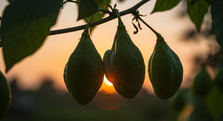Close up of green guacamole on tree with sunset backgroundの素材