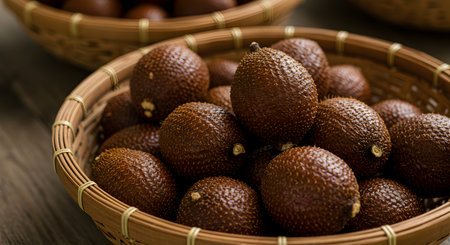 Salak fruit or snake fruits in bamboo basket on wooden table.の素材