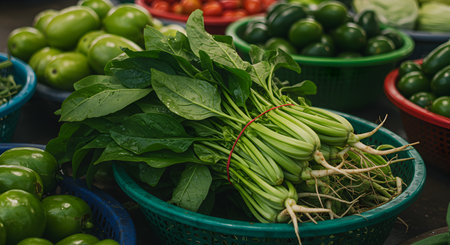 Spinach in a basket at the market. Selective focus.の素材