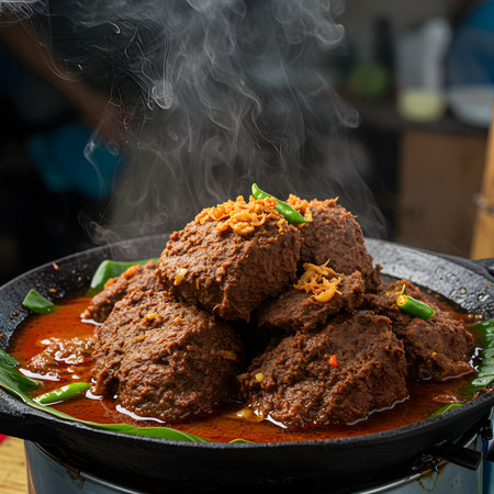 Beefballs in red curry on hot pan, Thai style foodの素材