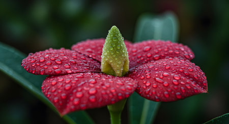Red flower with dew drops on petals and green leaves.の素材