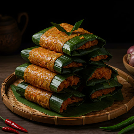 Thai dessert, glutinous rice wrapped in banana leaf on black backgroundの素材