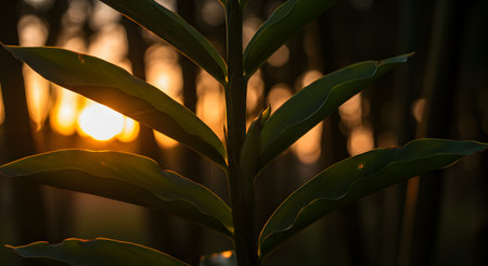 Close up of corn plant in the garden at sunset. Beautiful nature background.の素材