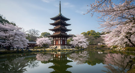 Beautiful cherry blossom and pagoda in kyoto japanの素材
