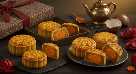 Moon cakes for Mid-Autumn Festival on wooden table with gift box.の素材