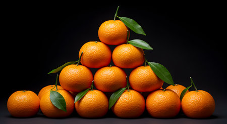 Ripe tangerines with leaves on a black background. Close-up.の素材