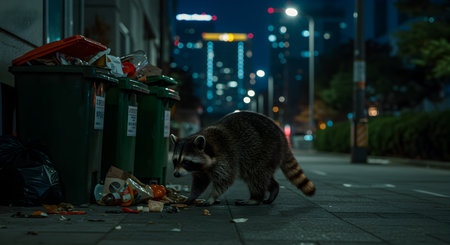 Raccoon in the city at night with trash can in the foregroundの素材