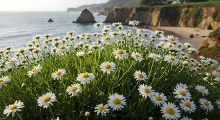Chamomile flowers on the coast of the Atlantic Ocean, Portugalの素材