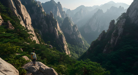 Hiker in Huangshan National Park, Anhui Province, Chinaの素材