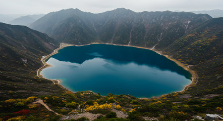 Mountain lake in autumn season. View from the top of the mountain.の素材