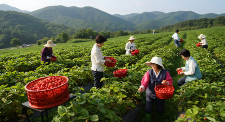 Unidentified workers are picking strawberries in a strawberry field in Chiang Mai, Thailand.の素材