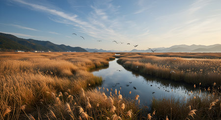 Sunset in the lake with grass and seagulls.の素材