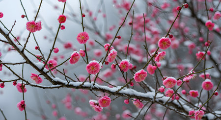 plum blossom in winter with snow, Chiang Mai, Thailandの素材
