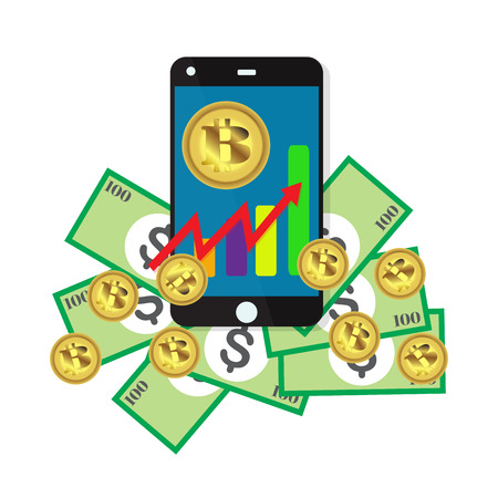 Bitcoin growth concept Payment and trade on smartphone symbol Bitcoin revenue illustration Stacks of gold coins like income graph with bitcoinVector illustration isolated on backgroundのイラスト素材