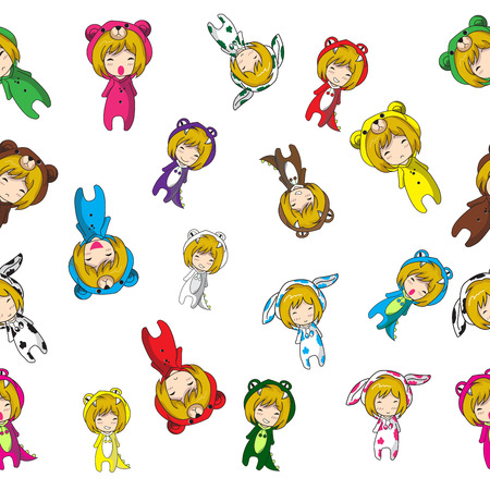 Seamless Pattern Cartoon vector hand drawn Doodles Girl character design Mascot animalのイラスト素材