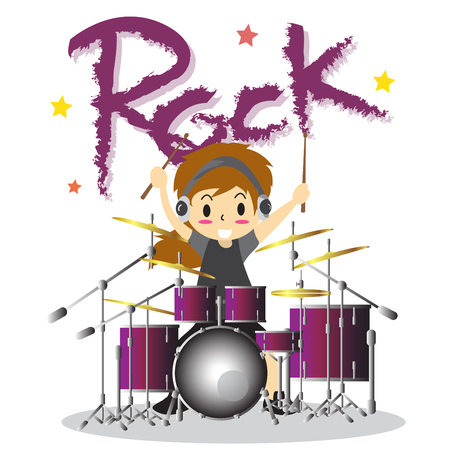 Young boy playing drum set.のイラスト素材