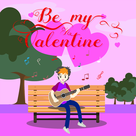 Boy playing guitar on a chair for Valentine's day. on happy valentine's day and Love garden background design for valentine's festival .Vector illustration.Cartoon style.のイラスト素材