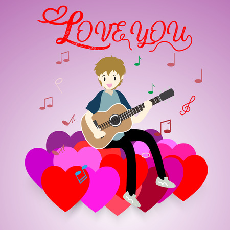 Boy play guitar love for Valentine's day.on  Happy valentine's day and Love backgroung design for valentine's festival .のイラスト素材