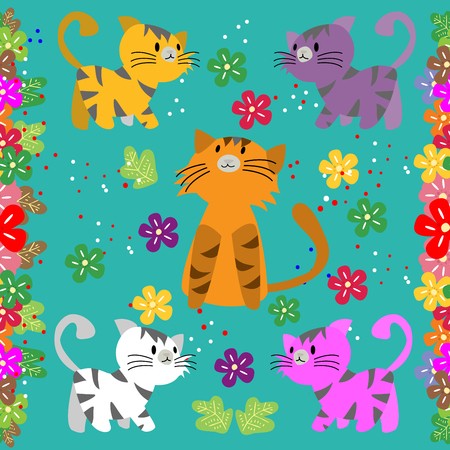 Cute Cat seamless pattern with flower on colorful background Vector illustration.Cartoon styleのイラスト素材