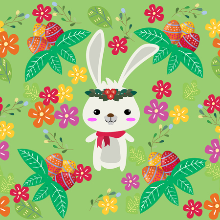 Cute Bunny and Easter eggs seamless pattern with colorful flower on cools background for Easter festival Vector illustrationのイラスト素材