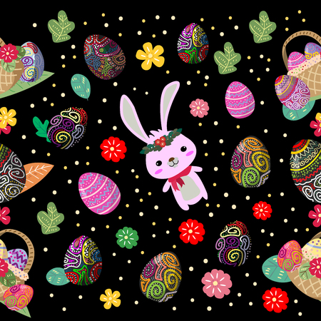Cute Bunny and easter eggs seamless pattern with colorful flower on cools background for easter festival &#xD;&#xA; Vector illustration のイラスト素材