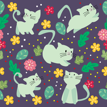 Cute Cat seamless pattern with flower on colorful background Vector illustration.Cartoon styleのイラスト素材