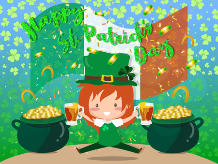 Happy Saint Patrick's day Festival. Irish celebration. Green clover shamrock leaves on isolate background with pots of gold for poster, greeting card, party invitation, banner other users Vector illustrationのイラスト素材