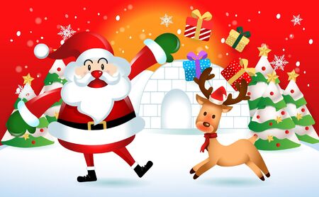 merry christmas.santa claus with friend.cute cartoon santa,deer,and tree.Christmas and New Year background.winter landscape with snowflakes, light,vector illustrationのイラスト素材