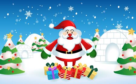 merry christmas.santa claus with friend.cute cartoon santa,deer,and tree.Christmas and New Year background.winter landscape with snowflakes, light,vector illustrationのイラスト素材