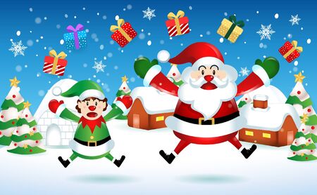merry christmas.santa claus with friend.cute cartoon santa,deer,and tree.Christmas and New Year background.winter landscape with snowflakes, light,vector illustrationのイラスト素材
