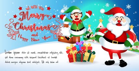 merry christmas.santa claus with friend.cute cartoon santa,deer,and tree.Christmas and New Year background.winter landscape with snowflakes, light,vector illustrationのイラスト素材