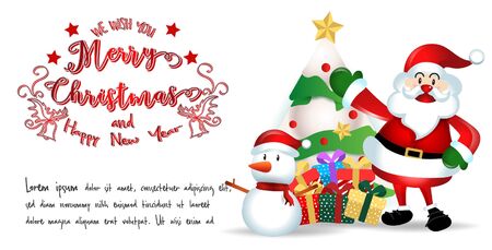 merry christmas.santa claus with friend.cute cartoon santa,deer,and tree.Christmas and New Year background.winter landscape with snowflakes, light,vector illustrationのイラスト素材