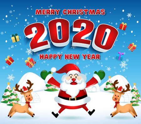 Happy new year 2020 with santa claus cute cartoon.for Christmas and New Year background.vector illustrationのイラスト素材