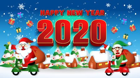 Happy new year 2020 with santa claus cute cartoon.for Christmas and New Year background.vector illustrationのイラスト素材