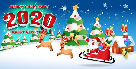 Happy new year 2020 with santa claus cute cartoon.for Christmas and New Year background.vector illustrationのイラスト素材
