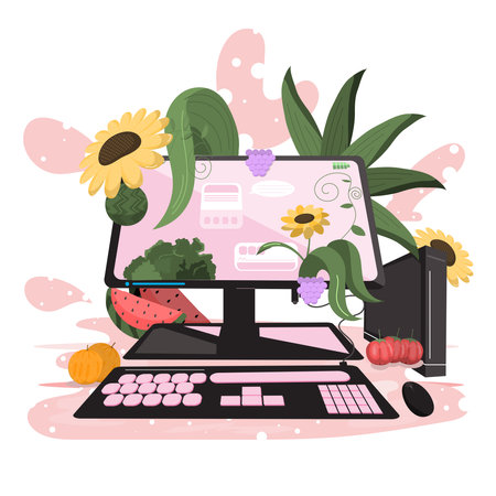 Vector illustration of a stylist workplace with a computer mixed with natural. Flat styleのイラスト素材