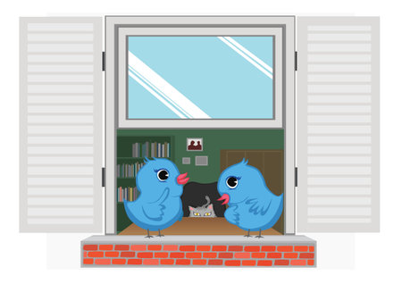 cat looking for opportunity to catch the birdのイラスト素材