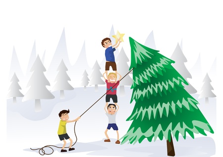 boys try to put the star on top of tree のイラスト素材