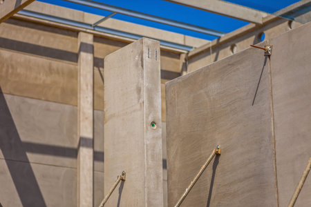Construction site with precast concrete columns, beams and walls