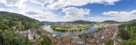 Aerial drone panoramic picture of the medieval city of Miltenberg in Germany during daytime in summerの写真素材