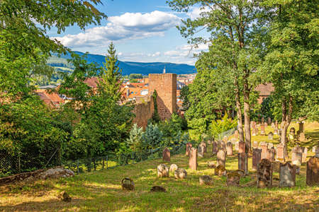 View on the old jewish cemetery and city wall of the medieval city of Miltenberg in Germany during daytime in summerの写真素材