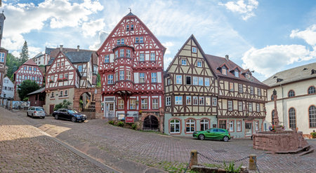 Historic half-timber facade in the medieval German city of Miltenberg during daytime in summer