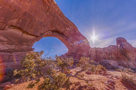 Panoramic picture of natural and geological wonders of Arches national park in Utah