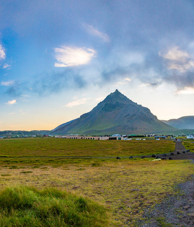 Panoramic view over area around Arnarstapi village area on Snaefells peninsula on Icelandの写真素材