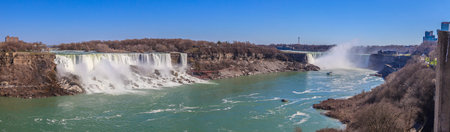 Panorama over Niagara Falls from the Canadian side in cloudless blue skies in winter 2013の写真素材