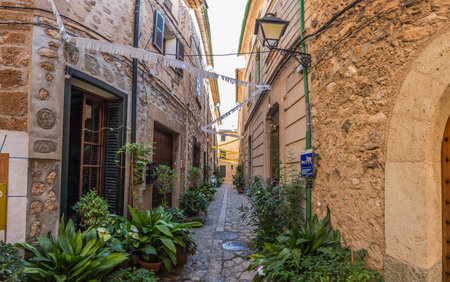 Small alleay in historical town of Fornalutx on Mallorca island